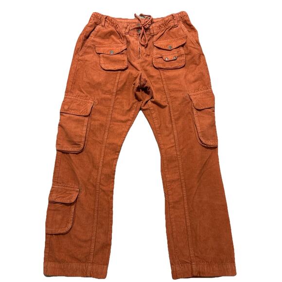 Free People L Tahiti Corduroy Cargo Pants Rust Orange Utility Pockets - Picture 2 of 9
